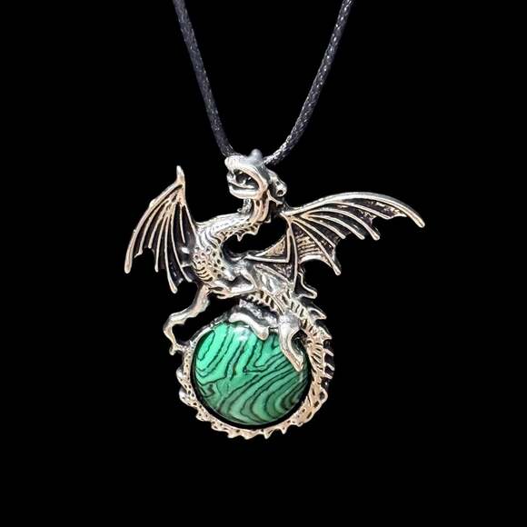 Unbranded Jewelry - Malachite Dragon Pendant Black Cord Necklace